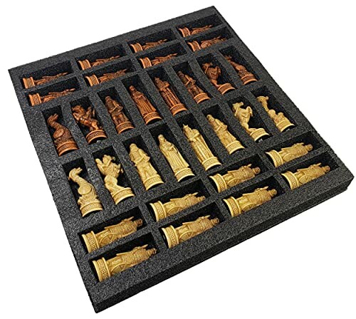 Chess set pieces organized in a foam tray.