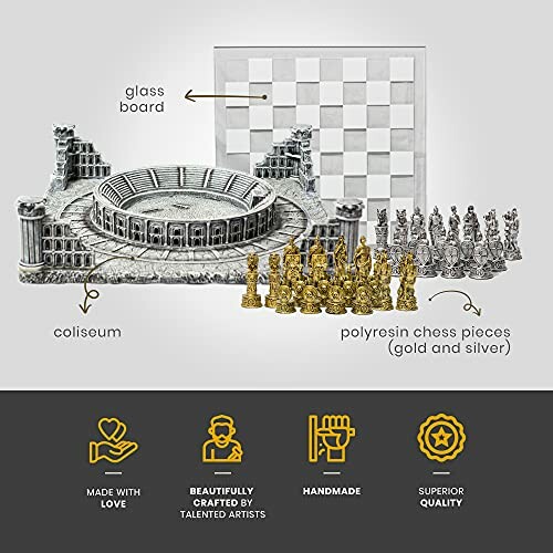 Coliseum-themed chess set with glass board and polyresin pieces.