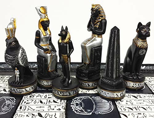 Egyptian-themed chess pieces with figures of deities and pharaohs.