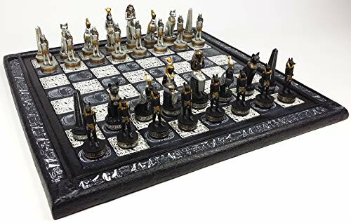 Egyptian themed chess set with detailed pieces on a decorated board.