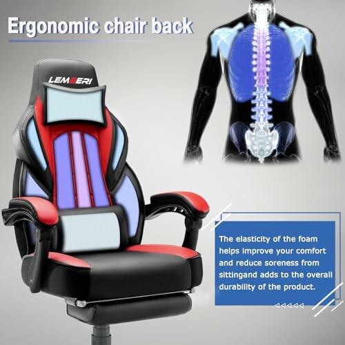 Ergonomic chair with highlighted back support and spine illustration.