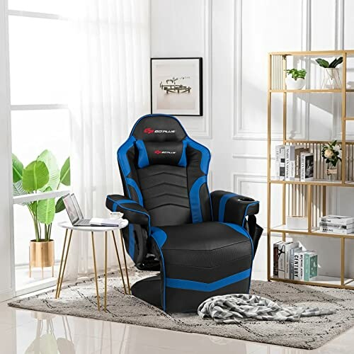 Blue and black gaming chair with ergonomic design and additional features.