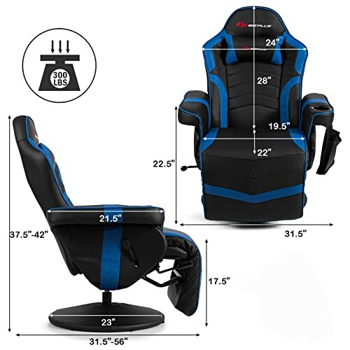 Blue and black gaming chair recliner with dimensions and weight capacity.