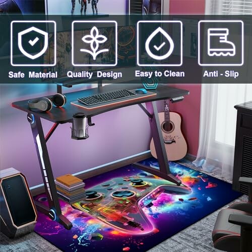 Modern gaming desk setup with neon accents and guitar