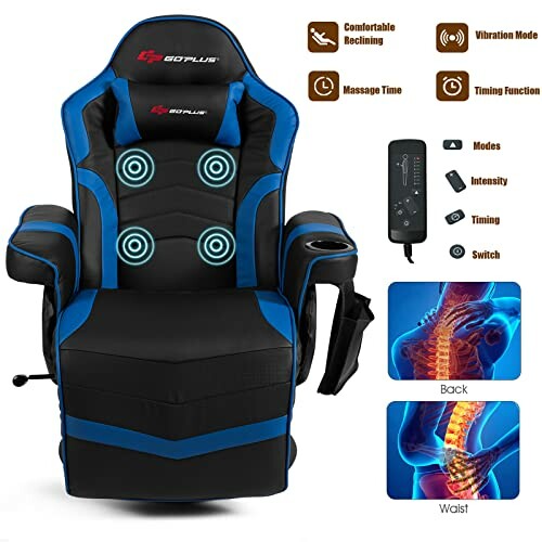 Massage gaming chair with recline and vibration features.