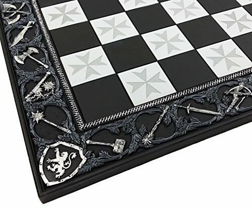 Chess board with medieval weapon-themed border.