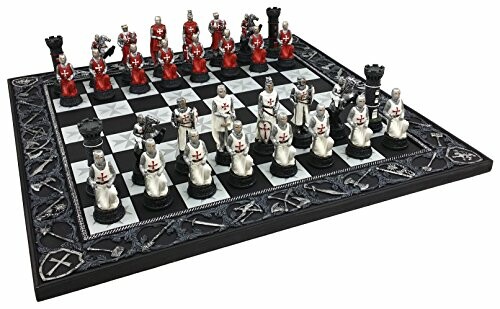 Medieval-themed chess set with red and white pieces.