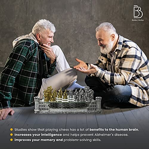 Two men sitting and talking with a decorative chess set between them.