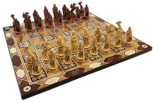 Ornate chess set with detailed pieces on a decorative board.