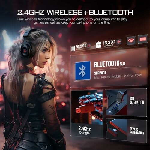 Woman in gaming gear with wireless Bluetooth technology display.