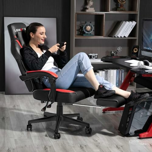 Woman relaxing in a gaming chair while playing a video game in a modern room.